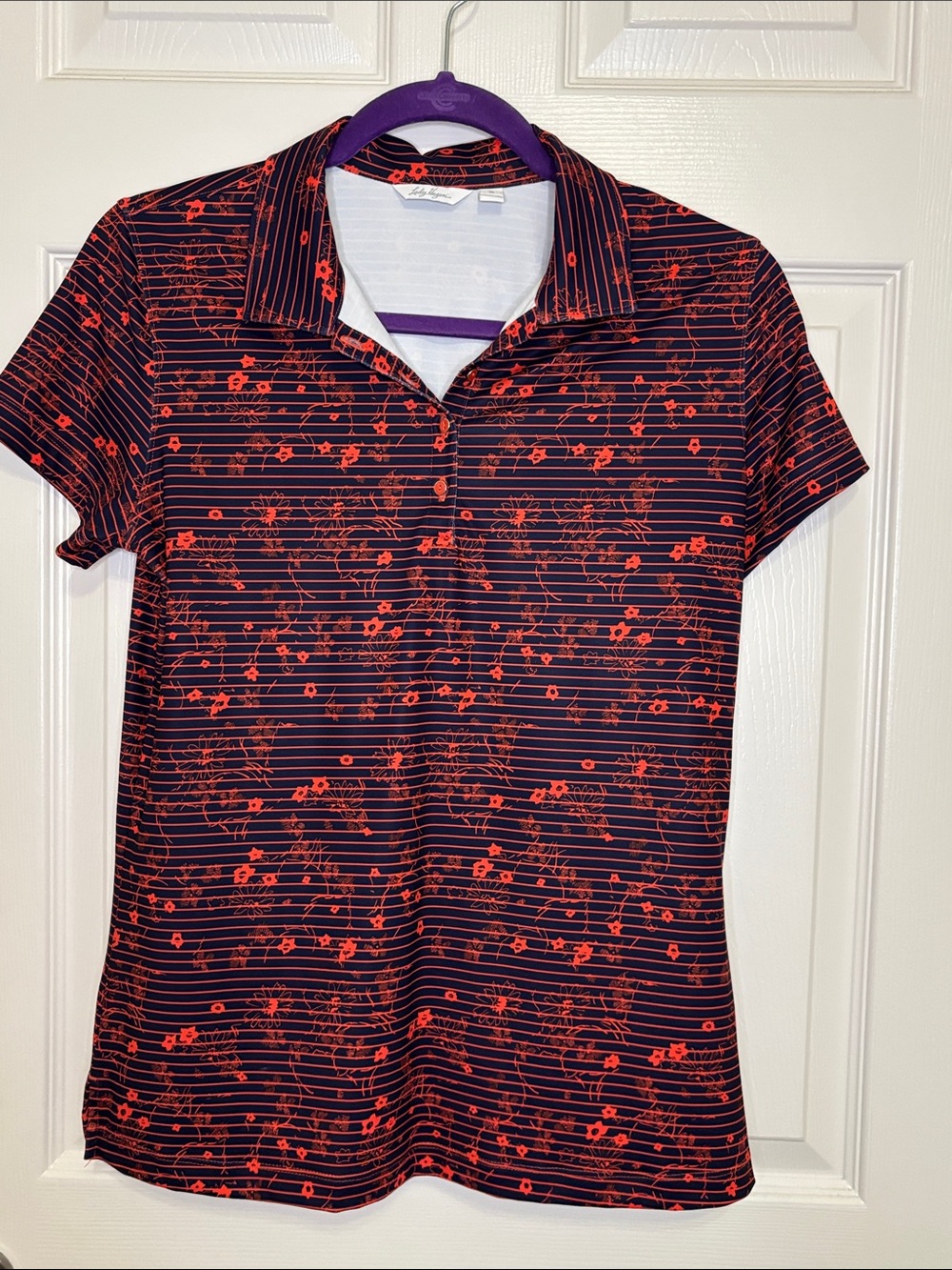 Lady Hagen Navy Polo Top with Red Floral Stripe Print Size S